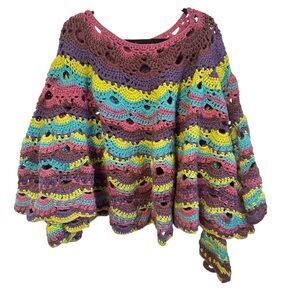 Hand Made Hand Crafted Crochet Knit Striped Boho Poncho Shawl Cape